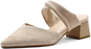 Women's Closed Pointed Toe Dress Mules Faux Suede Chunky Mid Heel Comfort Slip On Office Slipper Shoes