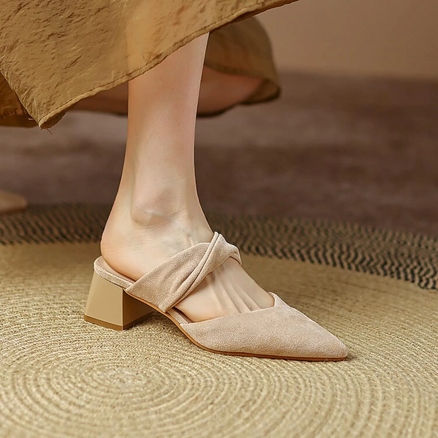 Women's Closed Pointed Toe Dress Mules Faux Suede Chunky Mid Heel Comfort Slip On Office Slipper Shoes
