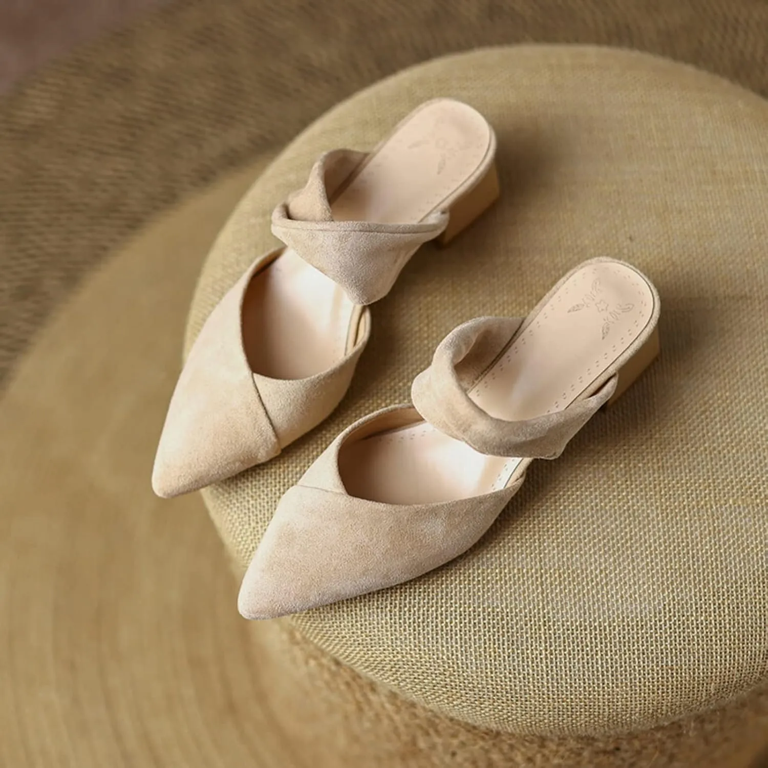 Women's Closed Pointed Toe Dress Mules Faux Suede Chunky Mid Heel Comfort Slip On Office Slipper Shoes