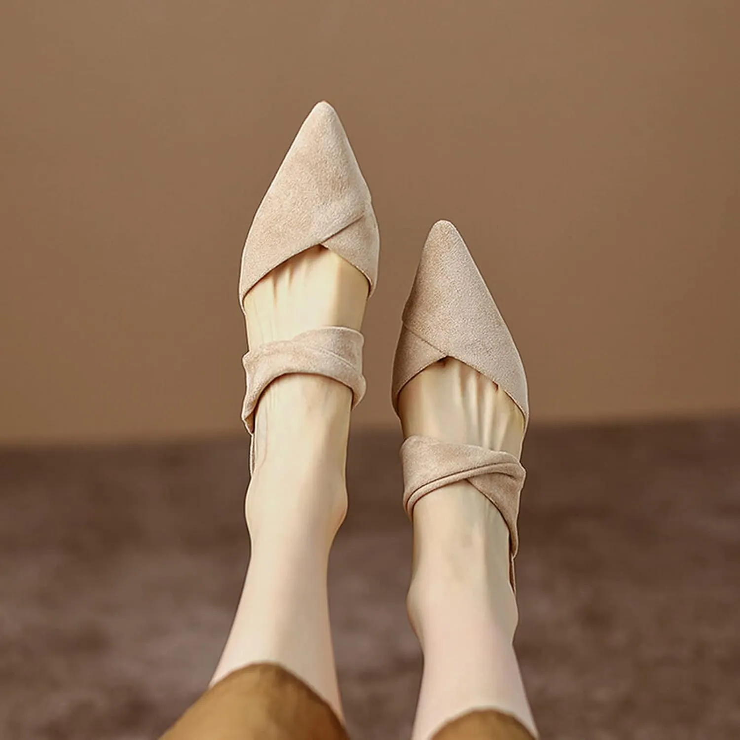Women's Closed Pointed Toe Dress Mules Faux Suede Chunky Mid Heel Comfort Slip On Office Slipper Shoes