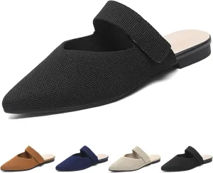 Women's Closed Pointed Toe Knitted Flat Mules Adjustable Hook and Loop Closure Slip On Backless Mule Slides Comfortable Casual Soft Sole Loafers
