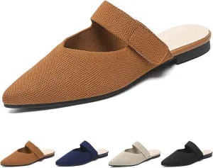 Women's Closed Pointed Toe Knitted Flat Mules Adjustable Hook and Loop Closure Slip On Backless Mule Slides Comfortable Casual Soft Sole Loafers