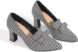 Women's Closed Pointed Toe Work Heels Loafer Low Chunky Block Heeled Slip On Loafers Dressy Bowknot Pumps Plaid Cloth Shoes for Women Office Business 2.95-inch