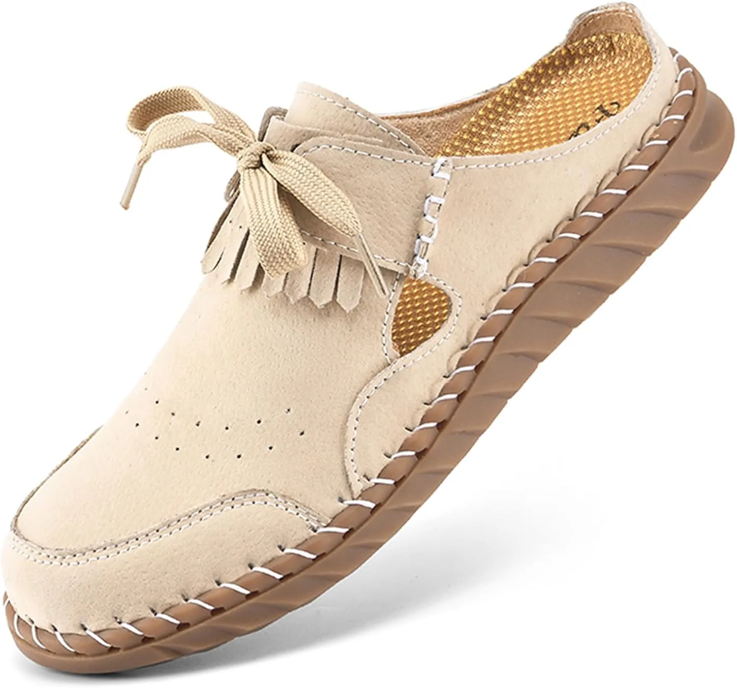 Women's Closed Round Toe Tassel Mules Hand Stitched Slip On Casual Flat Mules Summer Dressy Slide Sandals