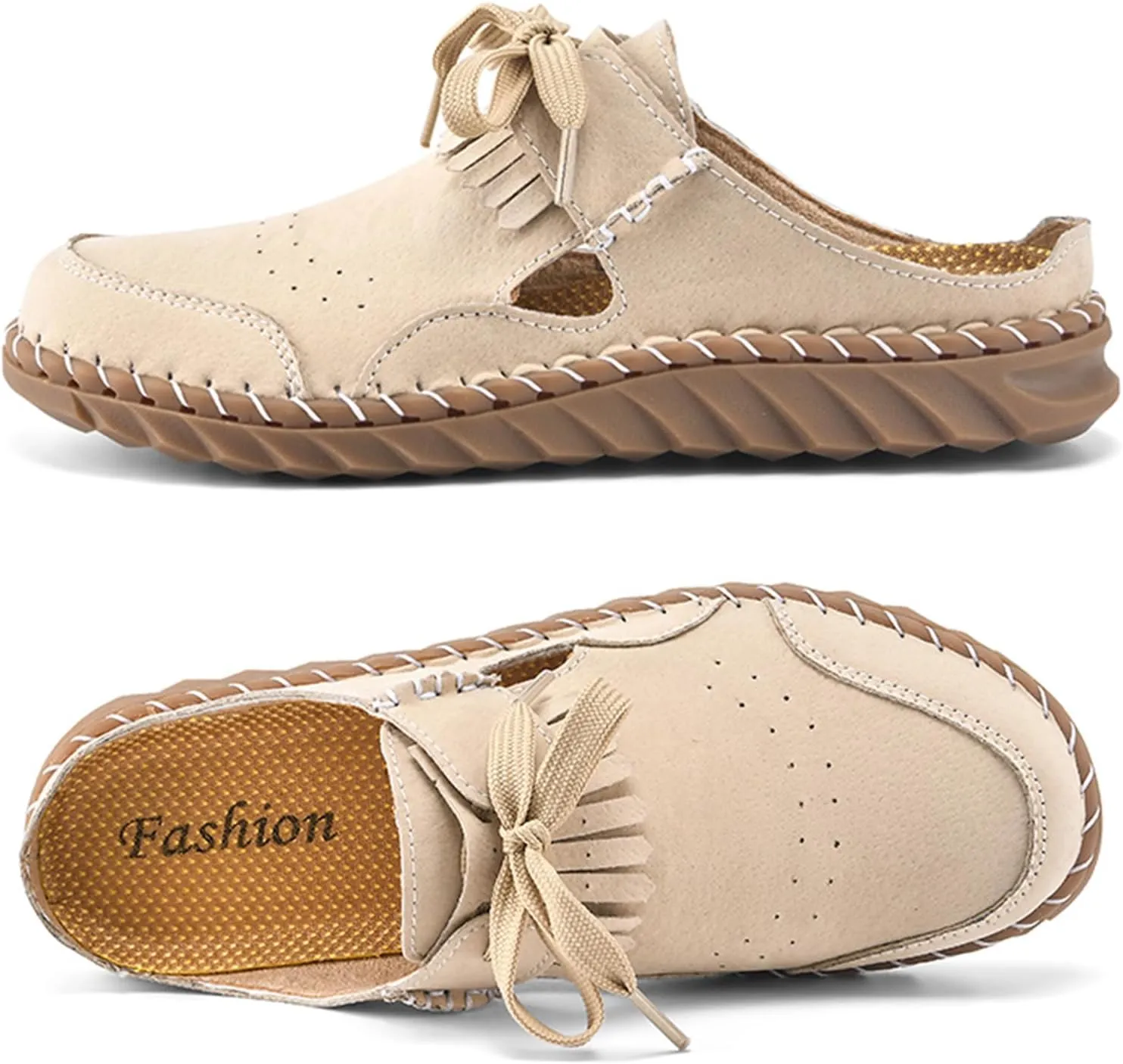 Women's Closed Round Toe Tassel Mules Hand Stitched Slip On Casual Flat Mules Summer Dressy Slide Sandals