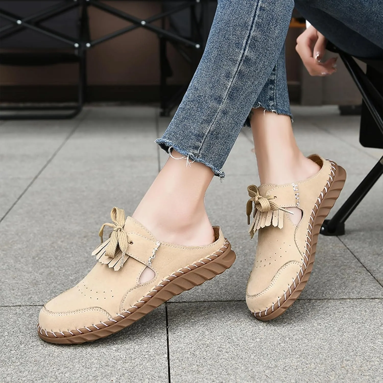 Women's Closed Round Toe Tassel Mules Hand Stitched Slip On Casual Flat Mules Summer Dressy Slide Sandals