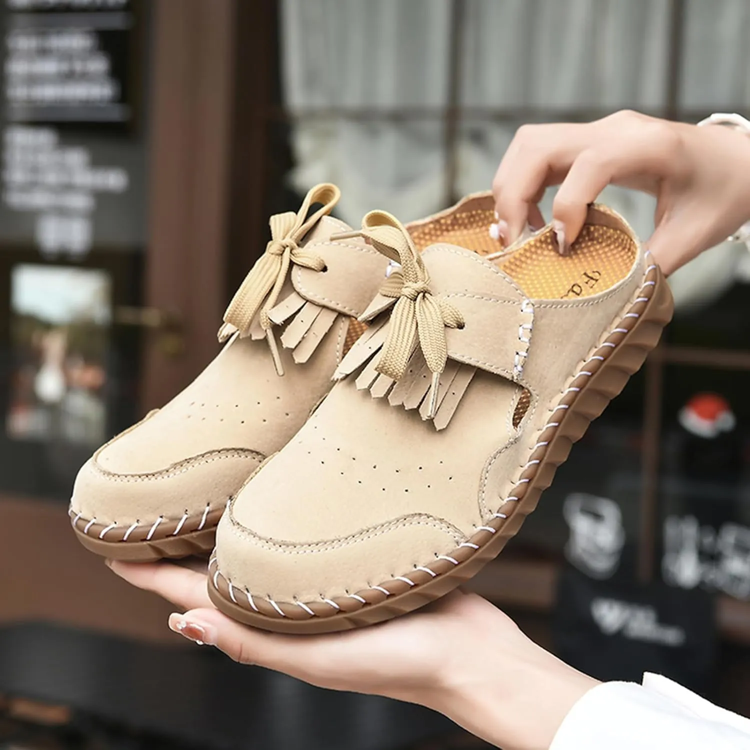 Women's Closed Round Toe Tassel Mules Hand Stitched Slip On Casual Flat Mules Summer Dressy Slide Sandals