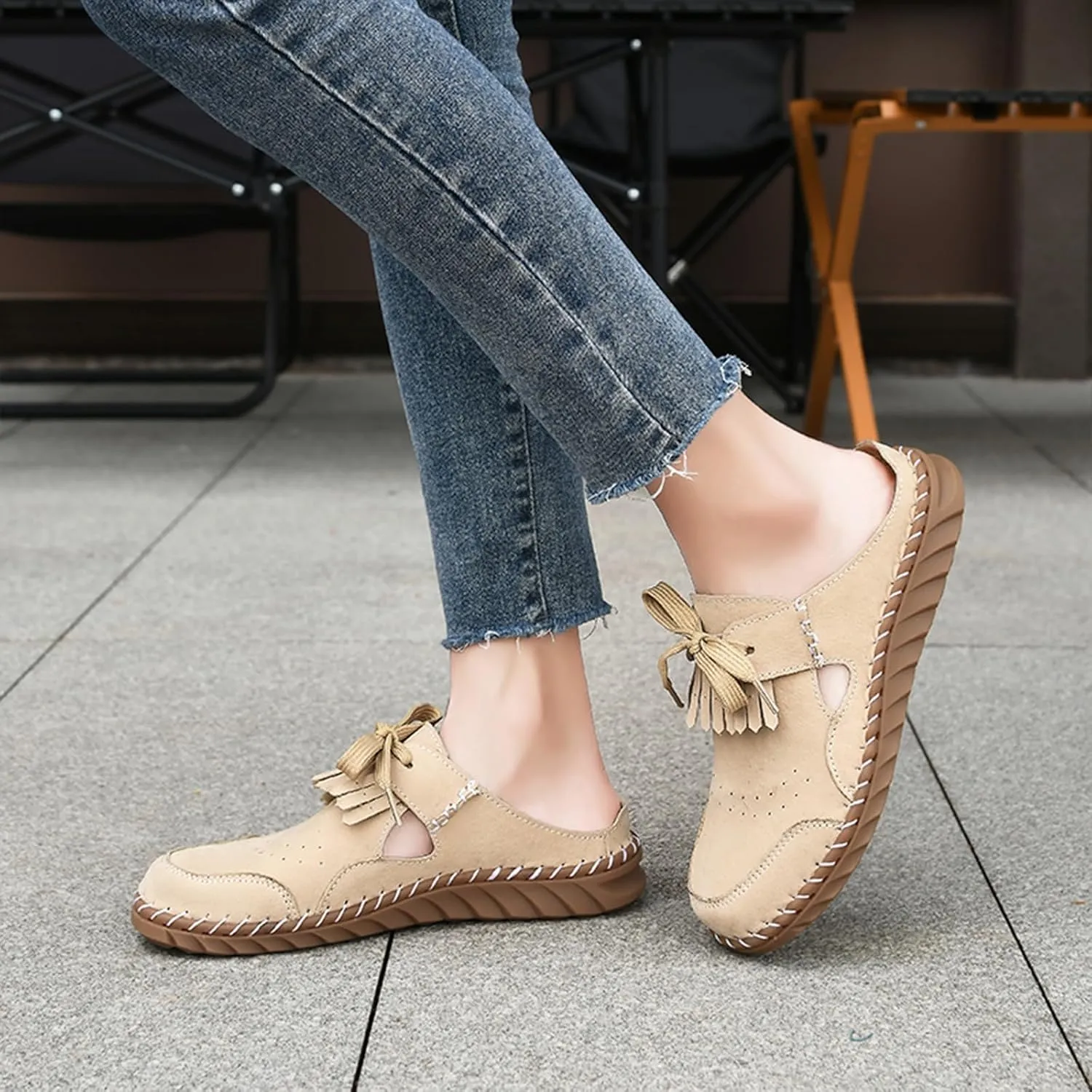Women's Closed Round Toe Tassel Mules Hand Stitched Slip On Casual Flat Mules Summer Dressy Slide Sandals