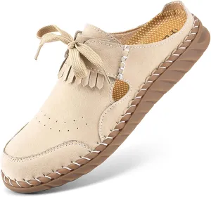 Women's Closed Round Toe Tassel Mules Hand Stitched Slip On Casual Flat Mules Summer Dressy Slide Sandals
