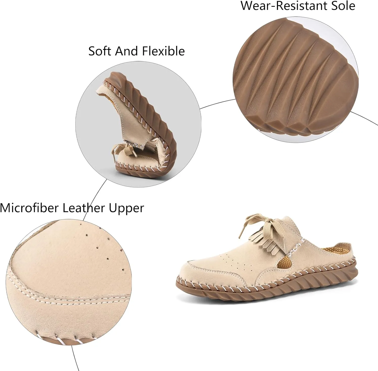 Women's Closed Round Toe Tassel Mules Hand Stitched Slip On Casual Flat Mules Summer Dressy Slide Sandals