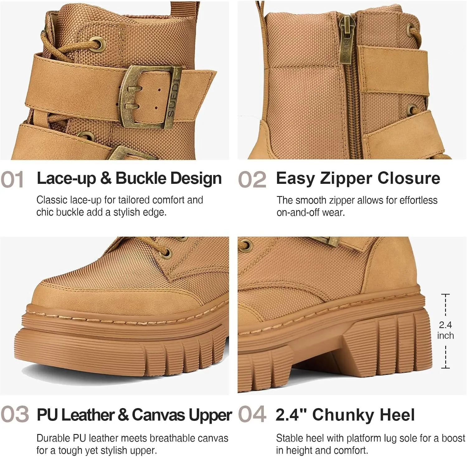 Women's Combat Boots Chunky Platform Lug Sole Ankle Boots Buckle Lace Up Moto Boots with Side Zipper