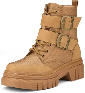 Women's Combat Boots Chunky Platform Lug Sole Ankle Boots Buckle Lace Up Moto Boots with Side Zipper
