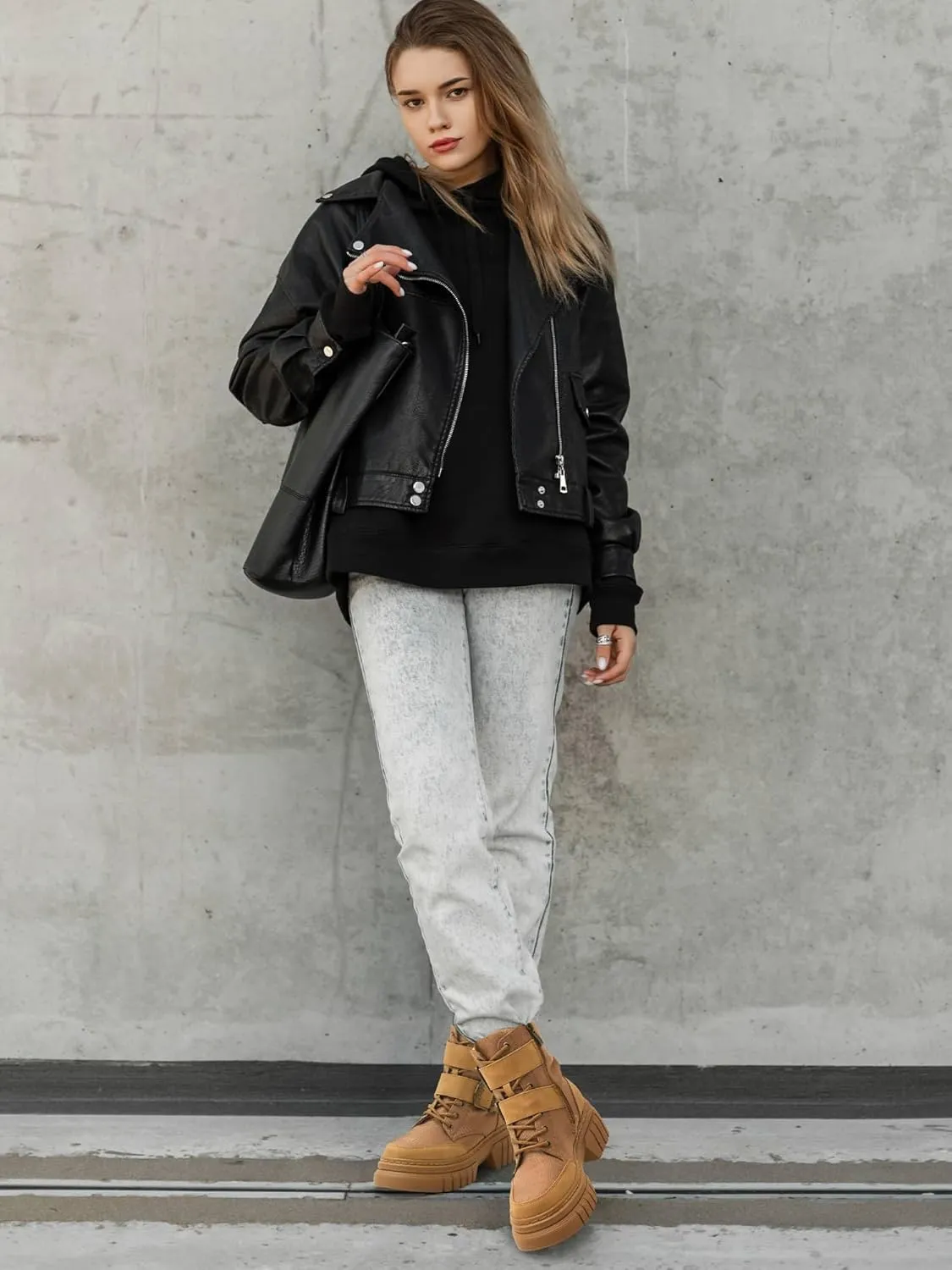 Women's Combat Boots Chunky Platform Lug Sole Ankle Boots Buckle Lace Up Moto Boots with Side Zipper