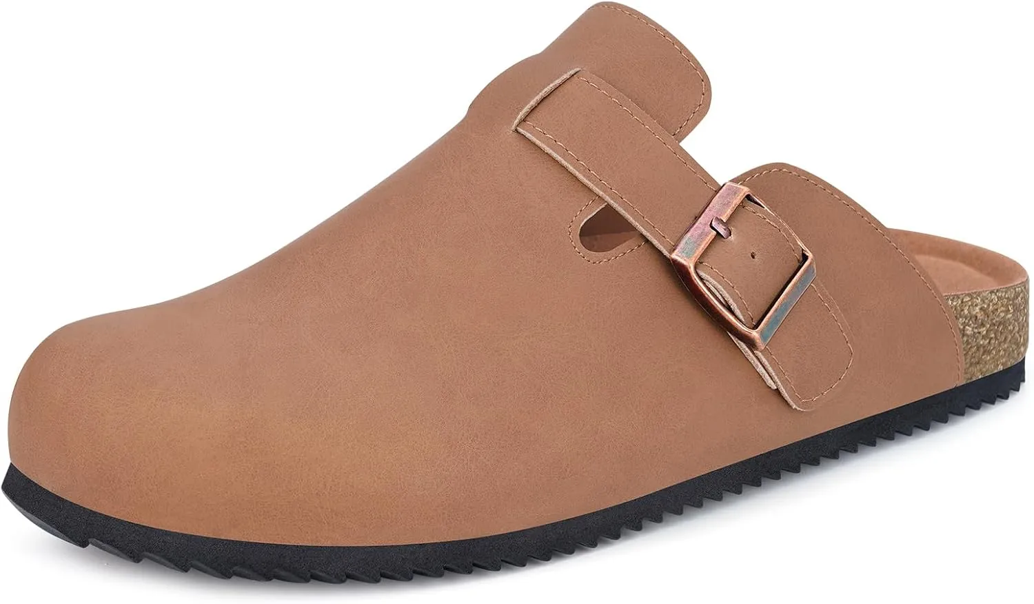 Womens Cork Footbed Clogs Mens PU Leather Mules with Arch Support Adjustable Buckle Comfort Slip On Potato Shoes Unisex Non-Slip Flat Sandals Indoor Outdoor
