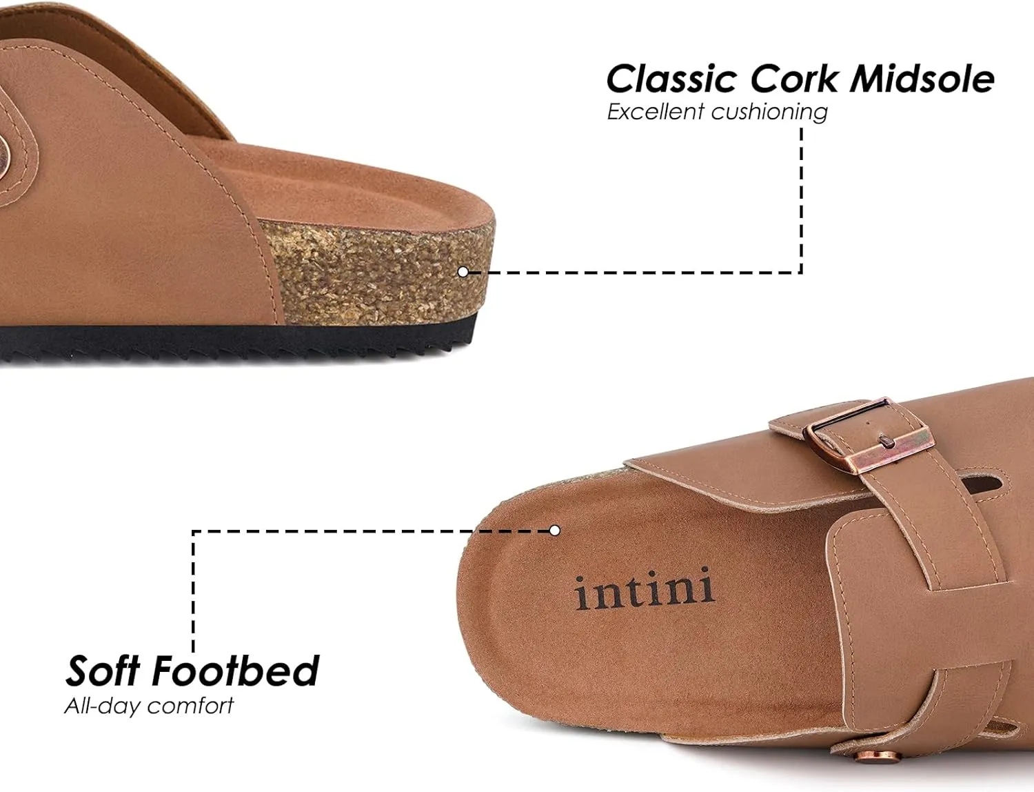 Womens Cork Footbed Clogs Mens PU Leather Mules with Arch Support Adjustable Buckle Comfort Slip On Potato Shoes Unisex Non-Slip Flat Sandals Indoor Outdoor
