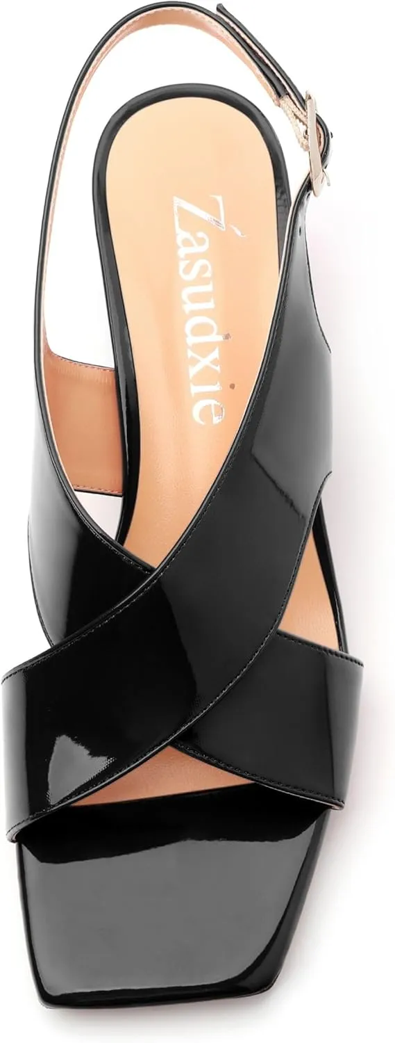 Women's Criss Cross Sandals Square Open Toe Block Chunky Low Heel Slingback Ankle Strap Adjustable with Buckle Patent Dating Fashion Dress Shoes 2 Inch