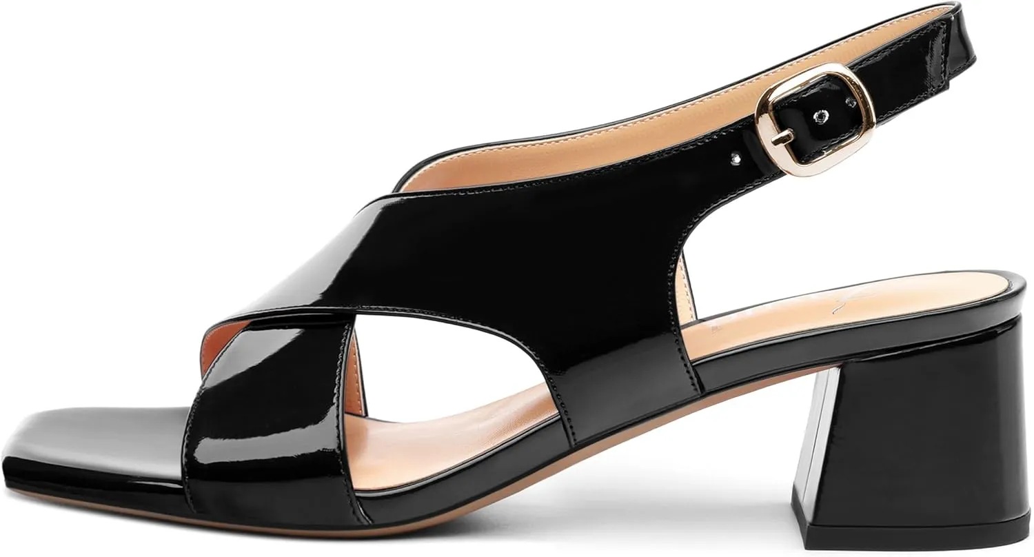 Women's Criss Cross Sandals Square Open Toe Block Chunky Low Heel Slingback Ankle Strap Adjustable with Buckle Patent Dating Fashion Dress Shoes 2 Inch
