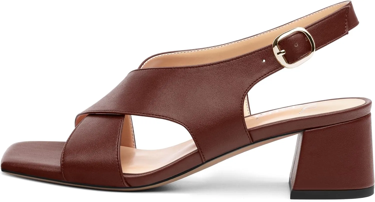 Women's Criss-Cross Strap Slingback Sandals Block Chunky Low Heels Square Open Toe Matte Comfort Casual Dress Shoes 2 Inch