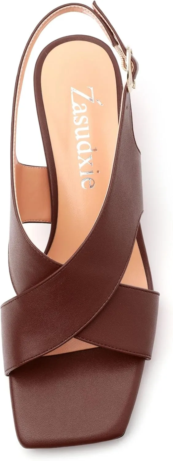 Women's Criss-Cross Strap Slingback Sandals Block Chunky Low Heels Square Open Toe Matte Comfort Casual Dress Shoes 2 Inch
