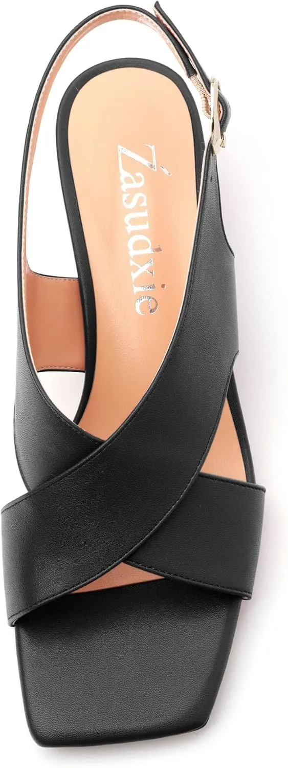 Women's Criss-Cross Strap Slingback Sandals Block Chunky Low Heels Square Open Toe Matte Comfort Casual Dress Shoes 2 Inch