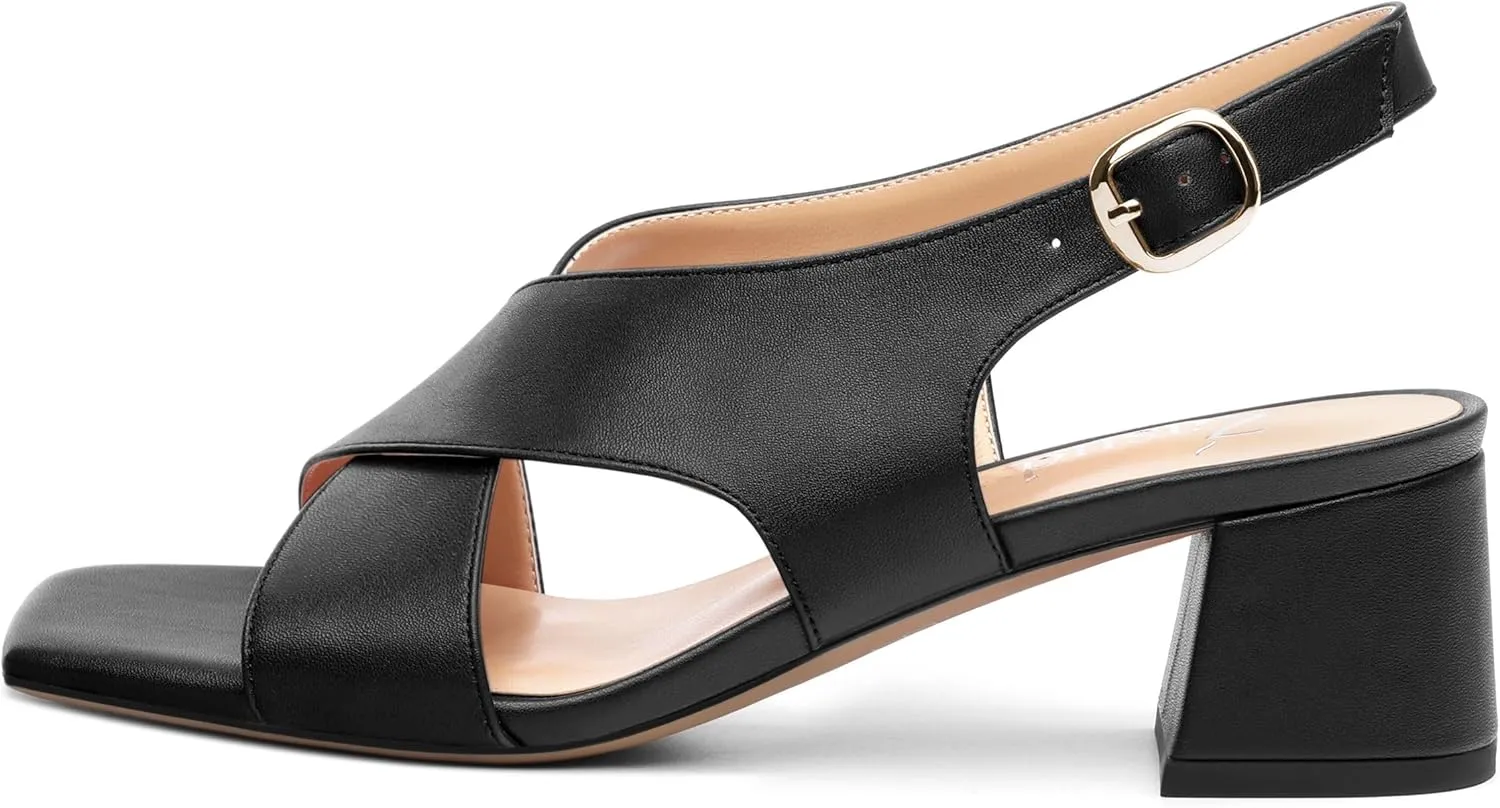 Women's Criss-Cross Strap Slingback Sandals Block Chunky Low Heels Square Open Toe Matte Comfort Casual Dress Shoes 2 Inch