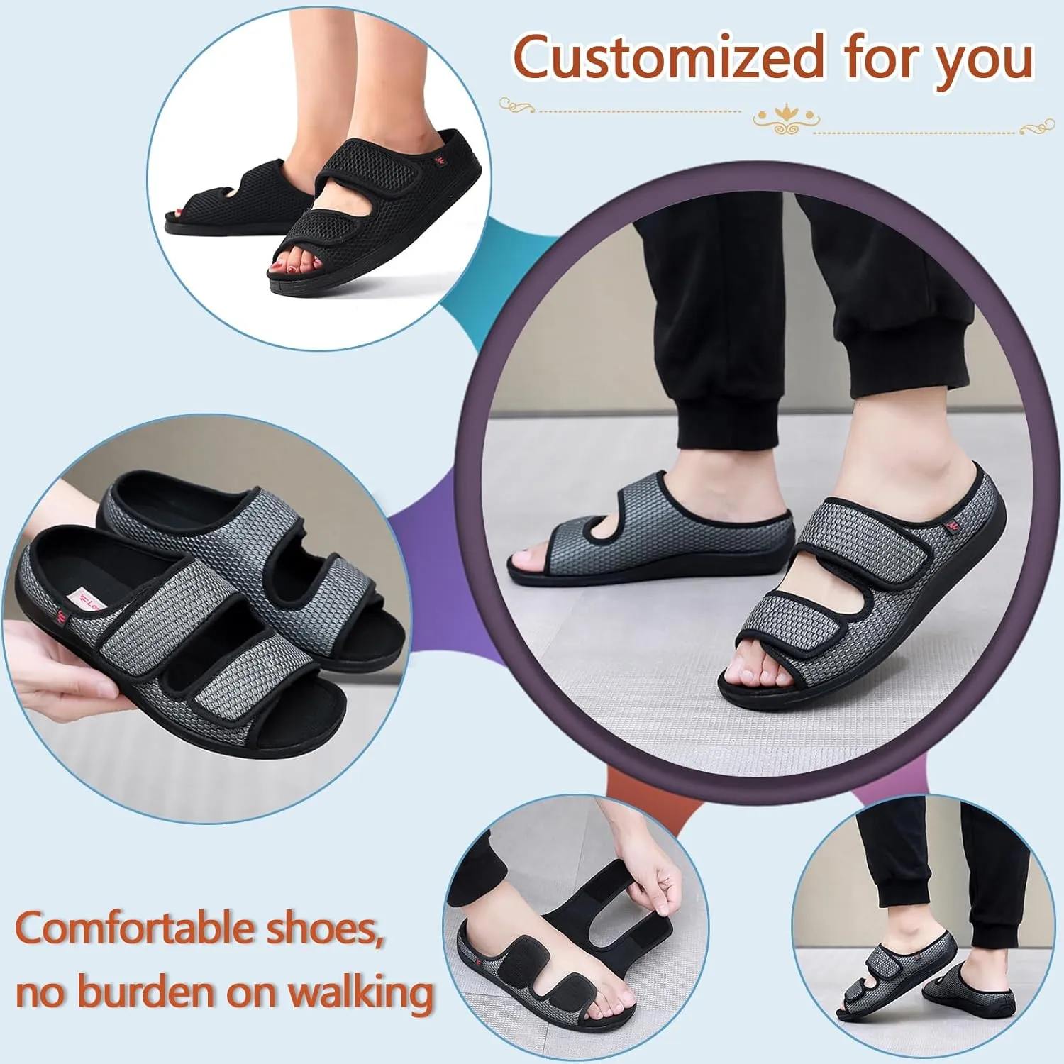 Women's Diabetic Sandals, Extra Wide Width, Open Toe, Adjustable Magic Stickers for Wide Feet, Big Toes, Arthritis, Swollen Feet