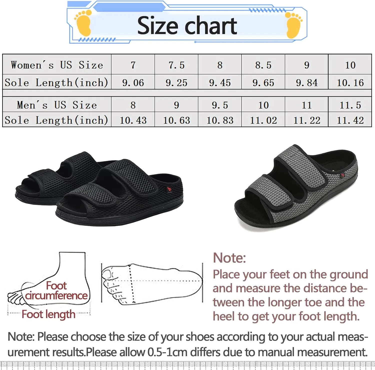 Women's Diabetic Sandals, Extra Wide Width, Open Toe, Adjustable Magic Stickers for Wide Feet, Big Toes, Arthritis, Swollen Feet
