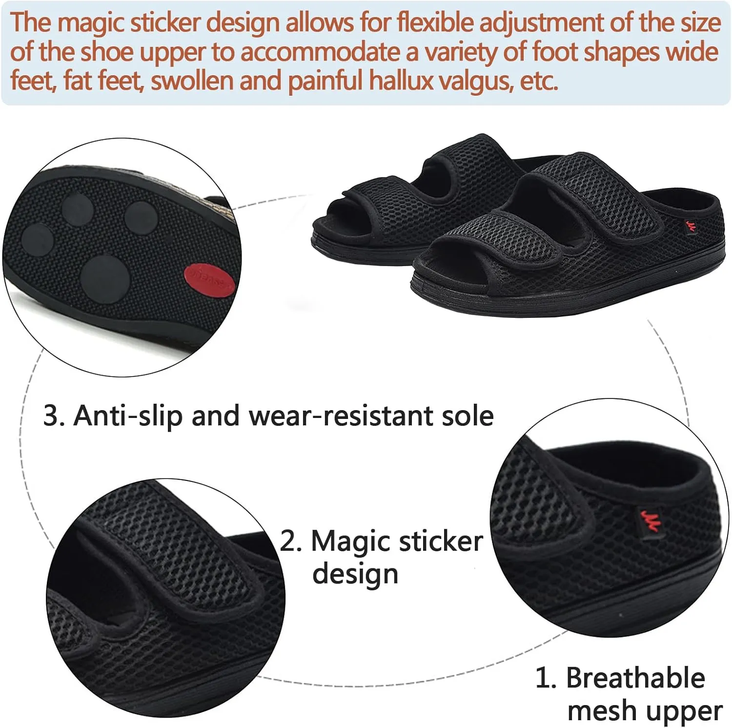 Women's Diabetic Sandals, Extra Wide Width, Open Toe, Adjustable Magic Stickers for Wide Feet, Big Toes, Arthritis, Swollen Feet