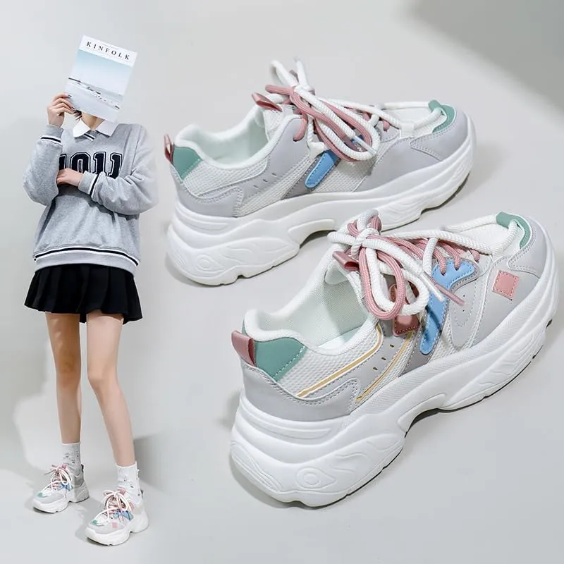 Women's Fashion Chunky Lace Up Sneakers Casual Platform Sneakers Lightweight Walking Running Shoes