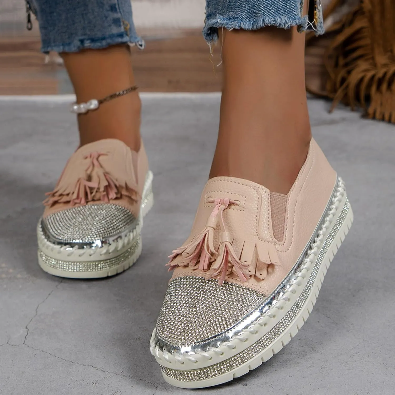 Women's Fashion Leather Loafers Sparkly Rhinestone Tassel Decoration Thick Sole Shoes Comfy Casual Boots for Women