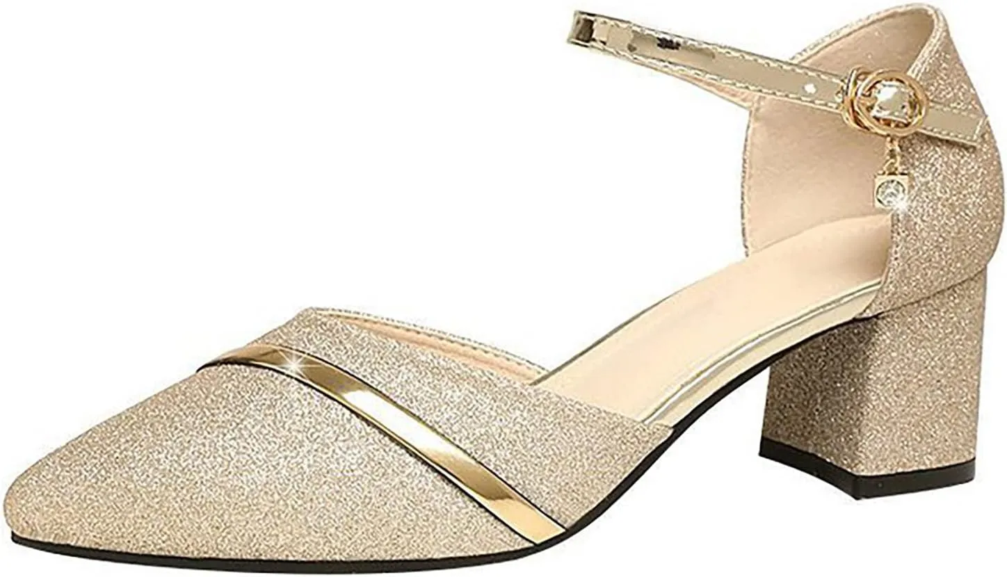 Women's Fashion Sandals Low Heel Closed Toe with Arch Support Elastic Ankle Strap Hot Summer Wedding Party Dress Shoe