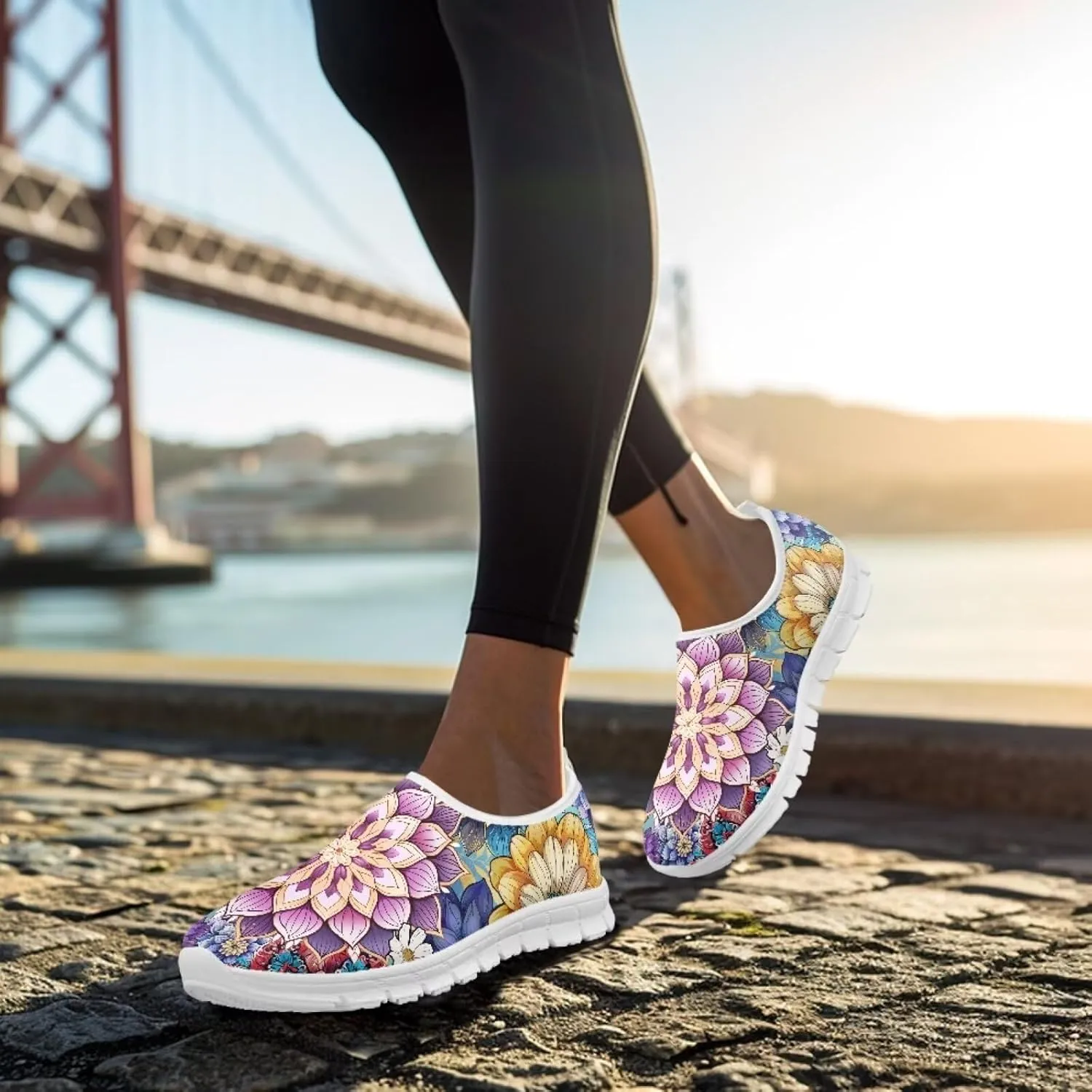 Women's Fashion Sneakers Lightweight Walking Casual Slip Ons Comfortable Flower Print Athletic Travel Shoes