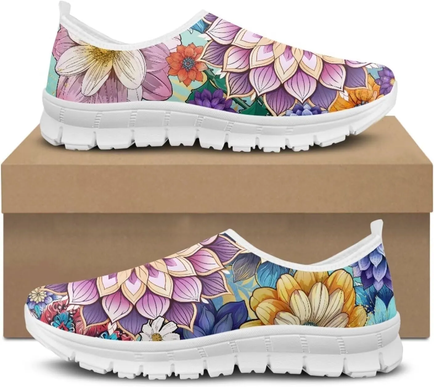 Women's Fashion Sneakers Lightweight Walking Casual Slip Ons Comfortable Flower Print Athletic Travel Shoes