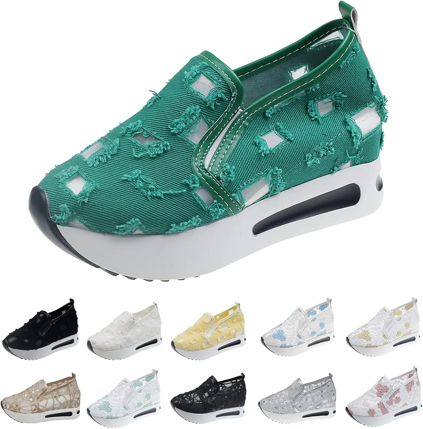 Women's Fashion Sneakers Summer Platform Shoes Hidden Wedge High Top Walking Sneakers Embroidery Floral Mesh Slip On Loafers Casual Shoes with Arch Support