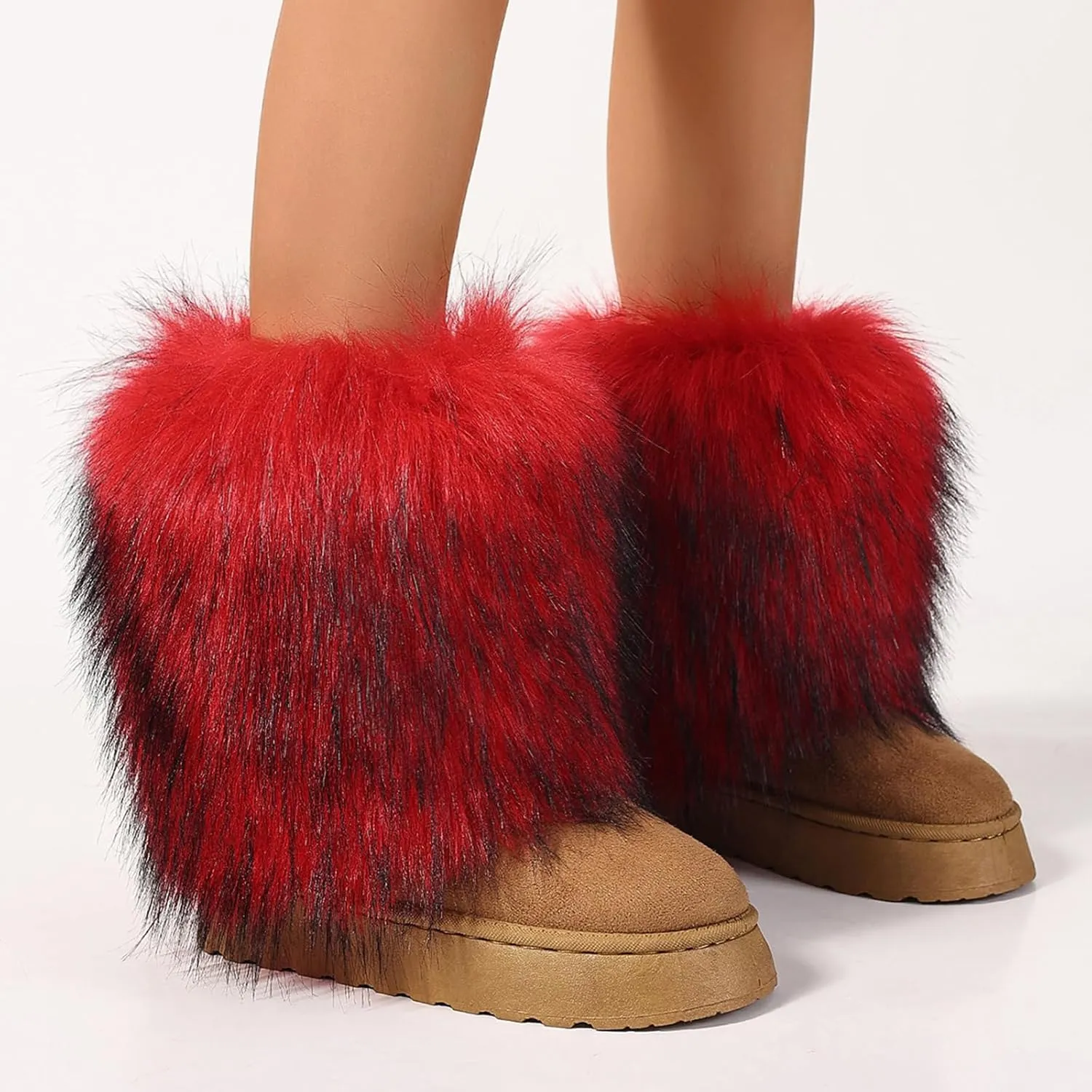 Women's Faux Fur Mid Calf Thick Bottom Boots Winter Warm Plush Snow Boots Comfortable Outdoor Flat Shoes