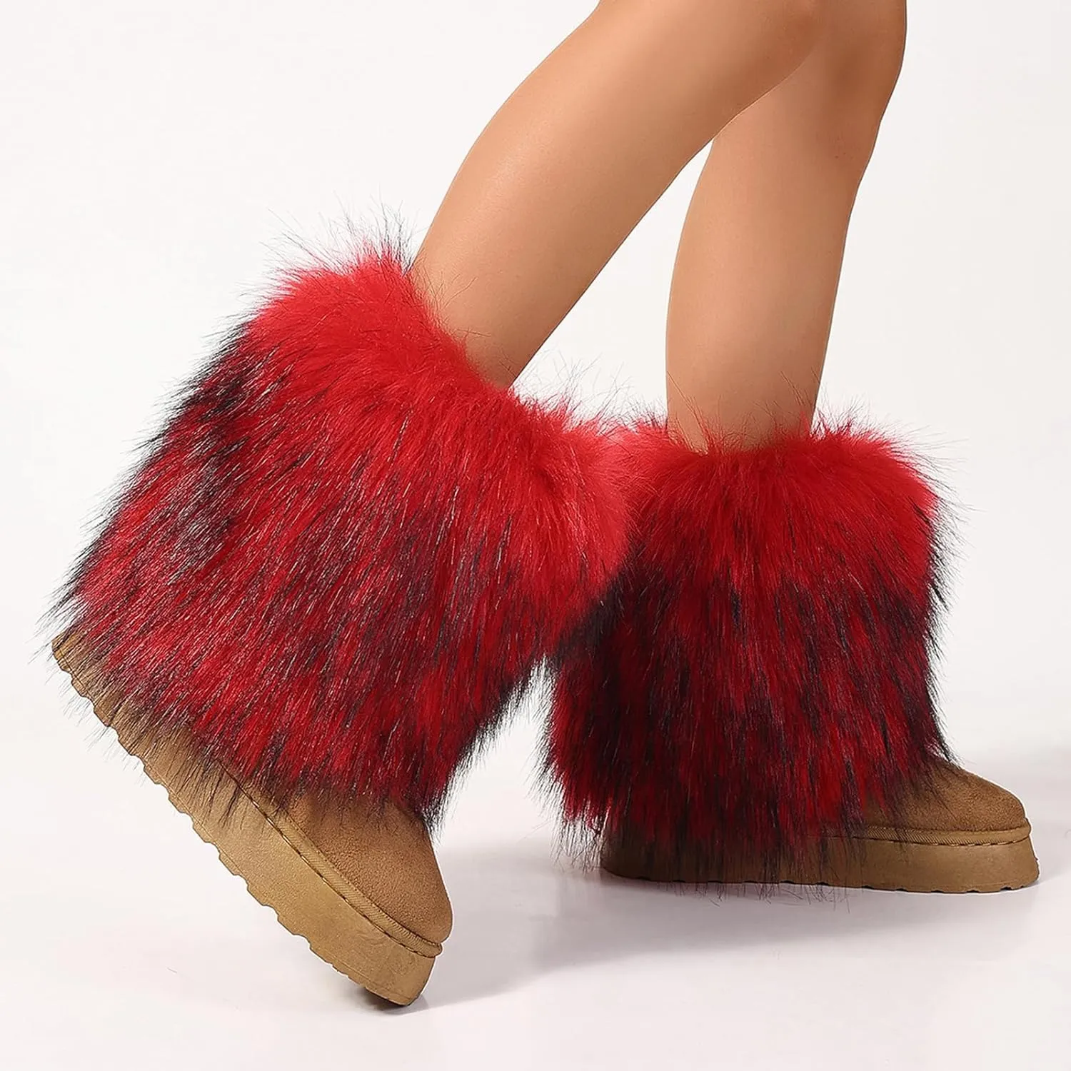 Women's Faux Fur Mid Calf Thick Bottom Boots Winter Warm Plush Snow Boots Comfortable Outdoor Flat Shoes