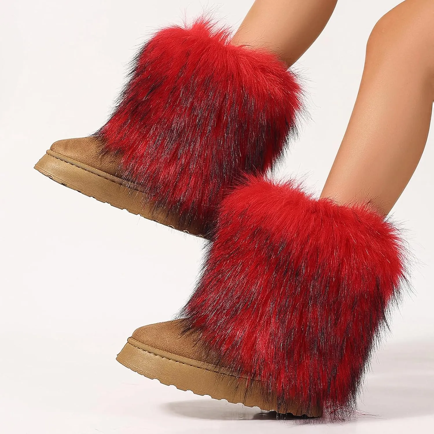 Women's Faux Fur Mid Calf Thick Bottom Boots Winter Warm Plush Snow Boots Comfortable Outdoor Flat Shoes