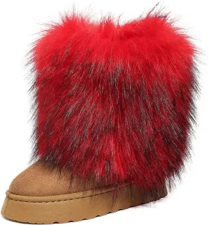 Women's Faux Fur Mid Calf Thick Bottom Boots Winter Warm Plush Snow Boots Comfortable Outdoor Flat Shoes