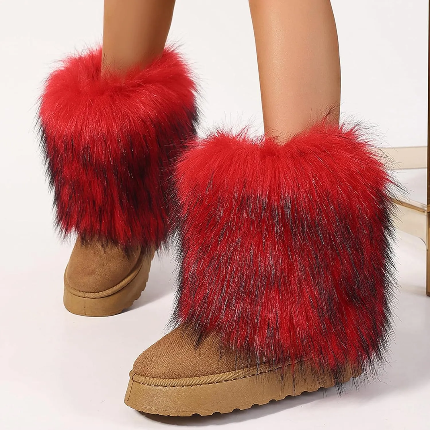 Women's Faux Fur Mid Calf Thick Bottom Boots Winter Warm Plush Snow Boots Comfortable Outdoor Flat Shoes