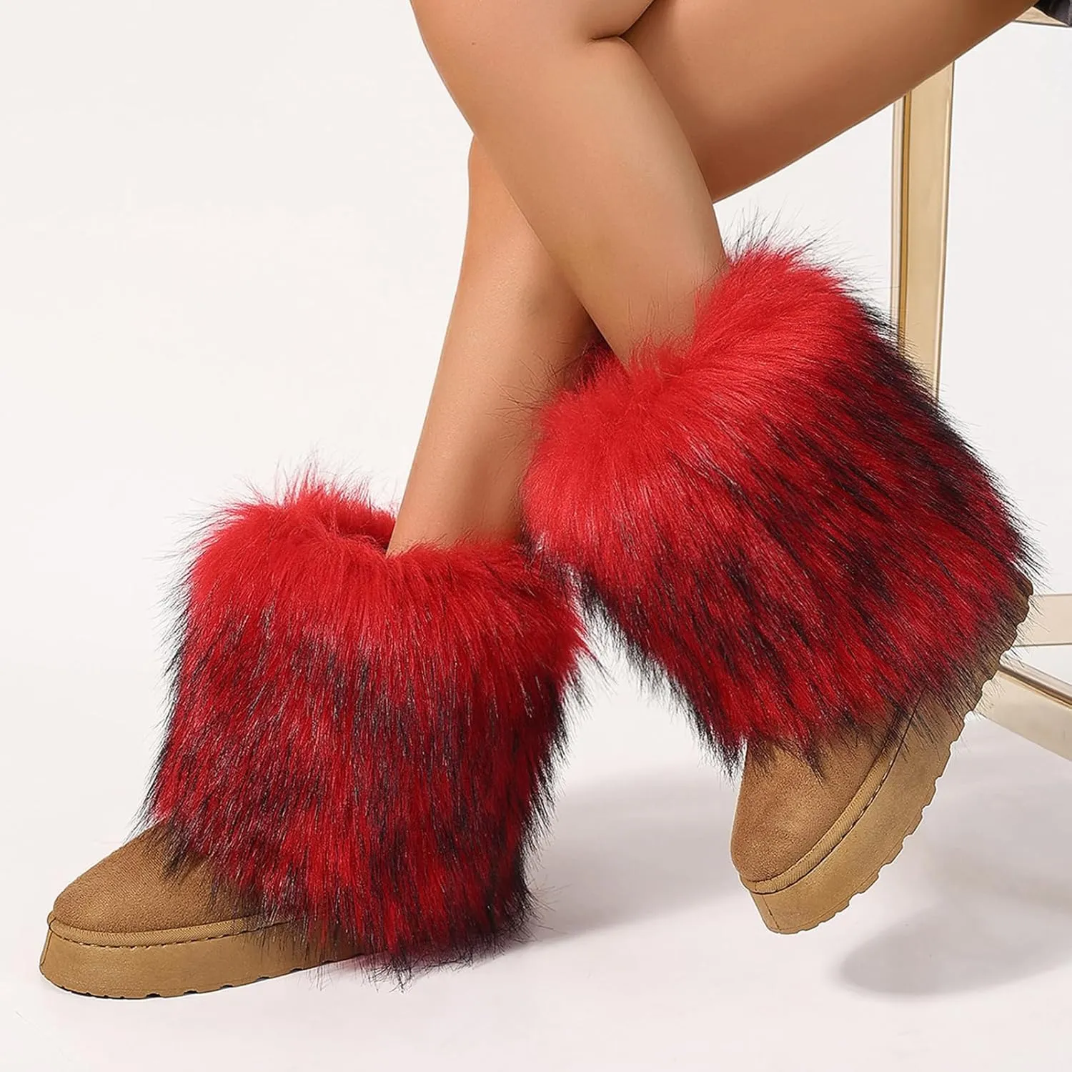 Women's Faux Fur Mid Calf Thick Bottom Boots Winter Warm Plush Snow Boots Comfortable Outdoor Flat Shoes