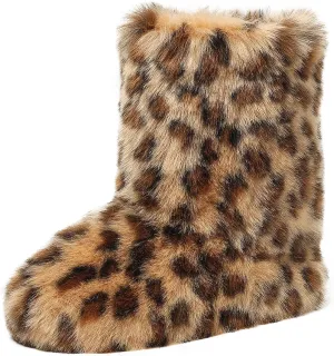 Women's Faux Fur Snow Boots Furry Cute Mid Calf Boots Winter Warm Leopard Boots Comfortable Outdoor Multicolor Flat Shoes