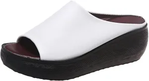 Women's Fish Mouth Platform Slippers Summer Ladies Slip on Round Toe Open Toe Mules Sandals Comfortable Orthotic Anti Slip Beach Flat Shoes