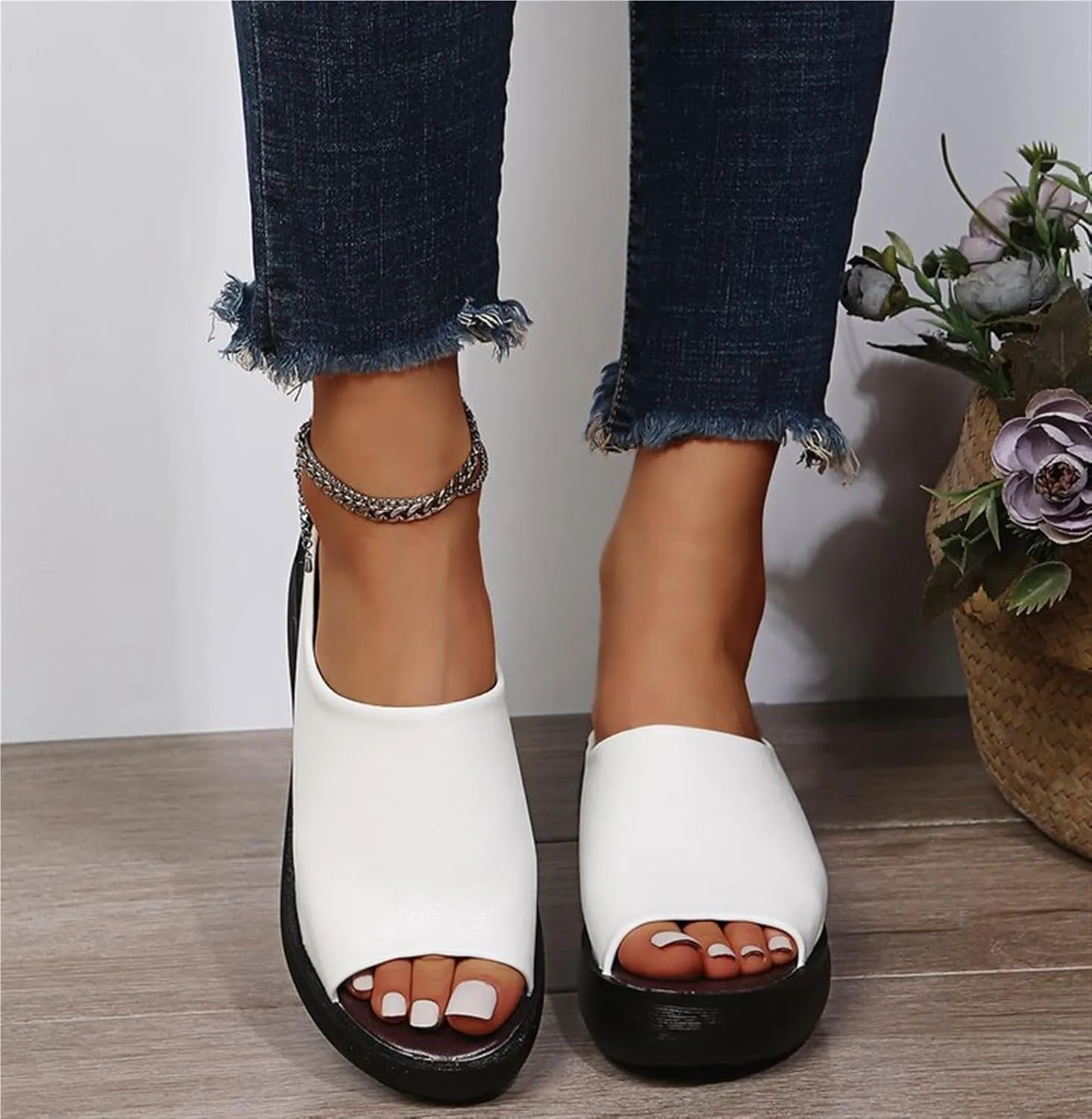 Women's Fish Mouth Platform Slippers Summer Ladies Slip on Round Toe Open Toe Mules Sandals Comfortable Orthotic Anti Slip Beach Flat Shoes
