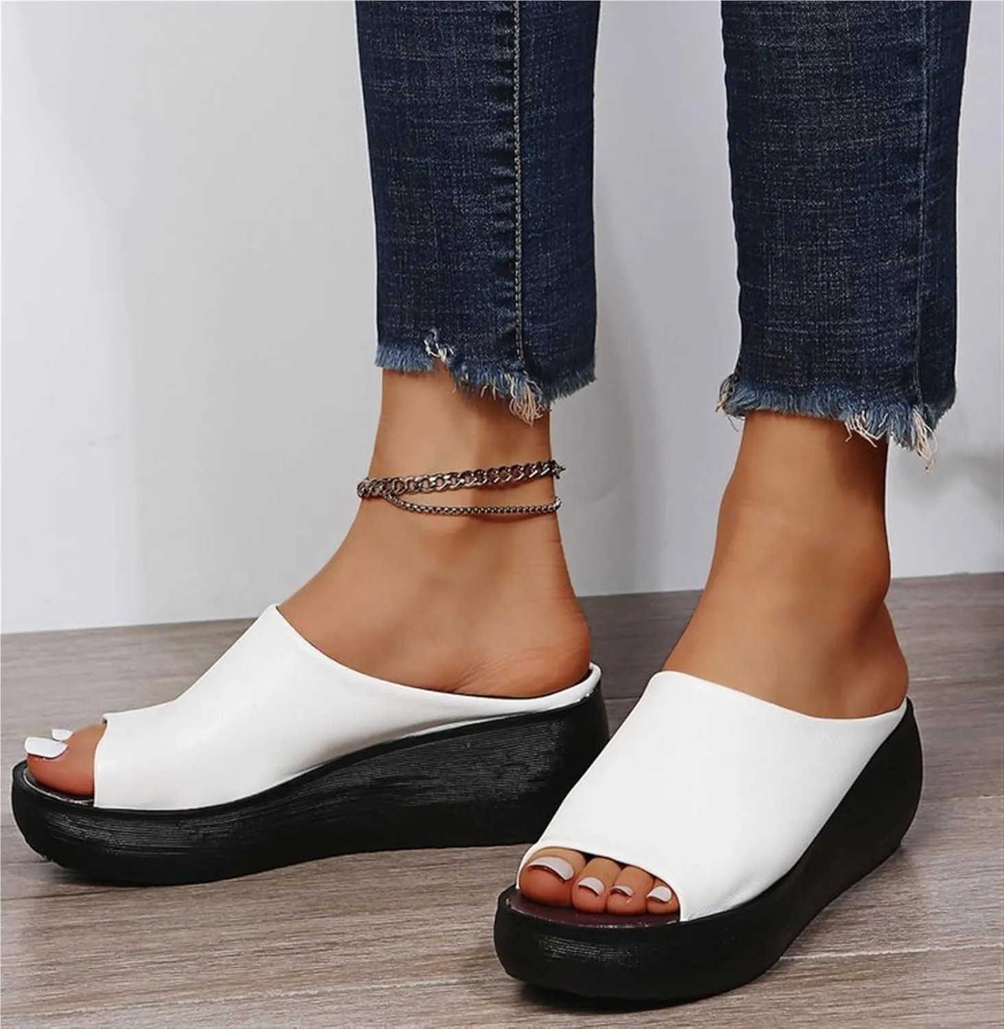 Women's Fish Mouth Platform Slippers Summer Ladies Slip on Round Toe Open Toe Mules Sandals Comfortable Orthotic Anti Slip Beach Flat Shoes