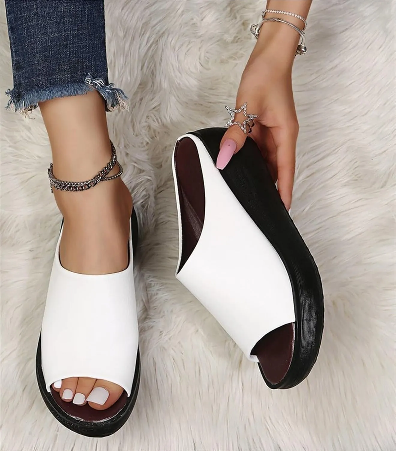 Women's Fish Mouth Platform Slippers Summer Ladies Slip on Round Toe Open Toe Mules Sandals Comfortable Orthotic Anti Slip Beach Flat Shoes