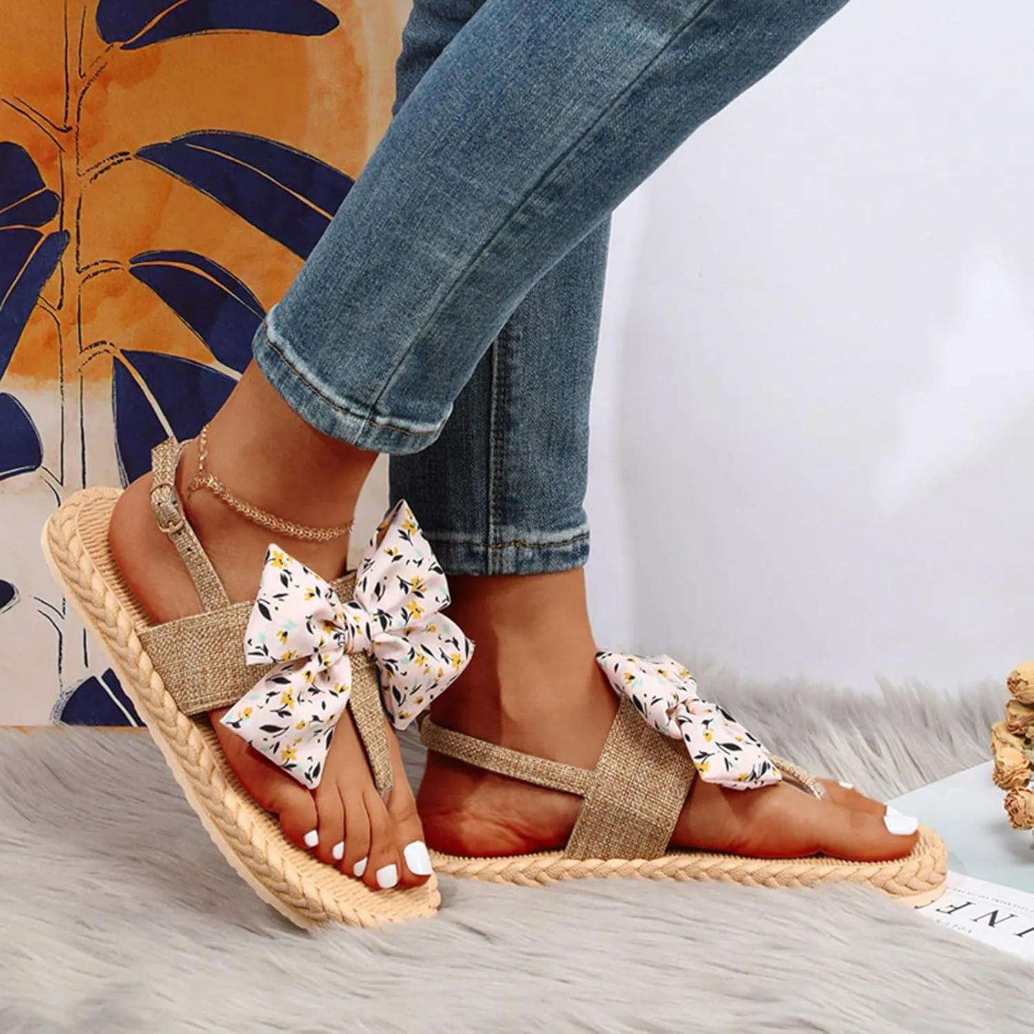 Womens Flat Flat Flip Sandals 2025 Casual Summer Wide Width Slides with Rope Sole Fashionable Indoor Outdoor Beaded Bow Summer Walking Shoes Slippers