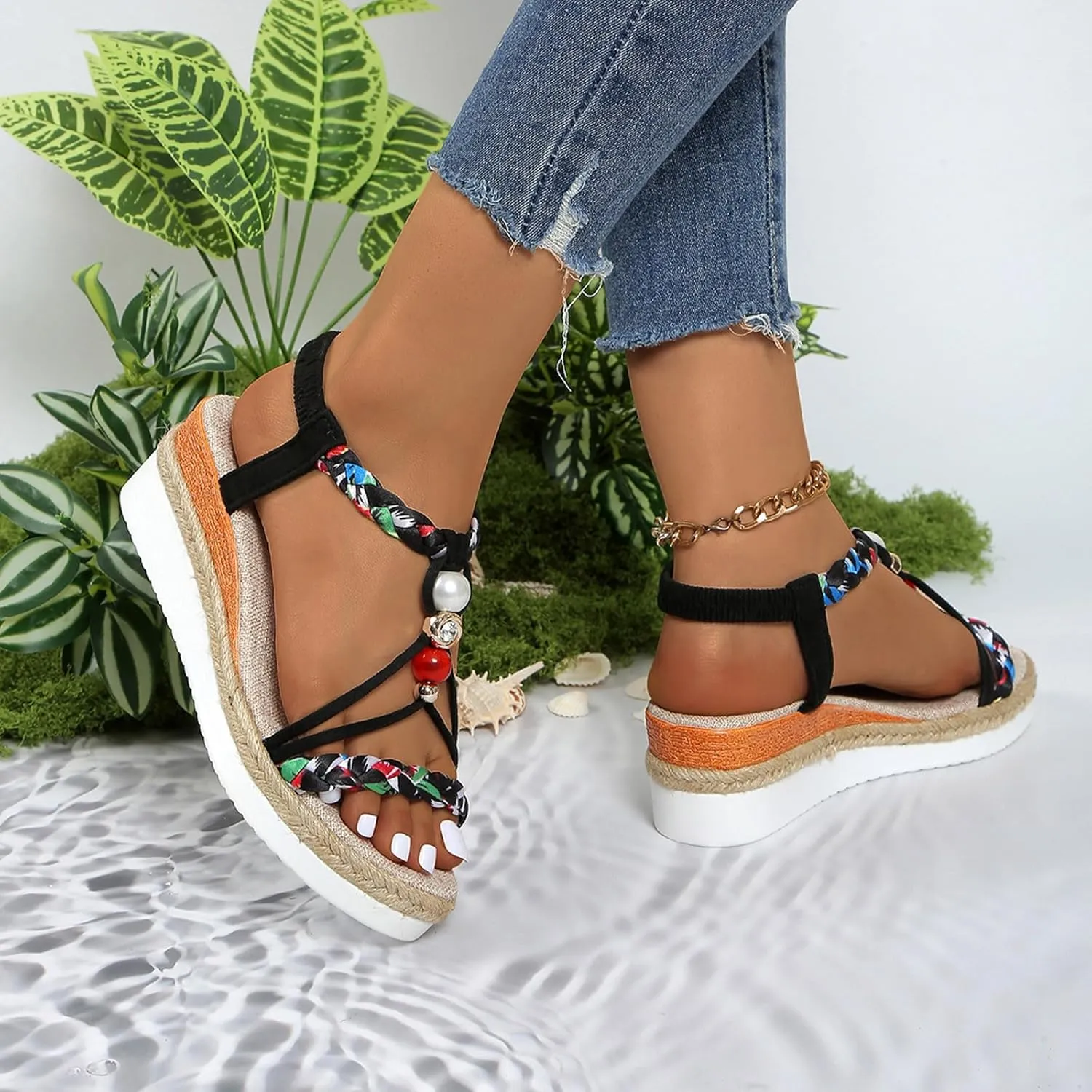 Womens Flat Sandals Dressy Summer Jeweled Bohemian Sandal Elastic Ankle Strap Espadrilles Comfort Walking Shoes