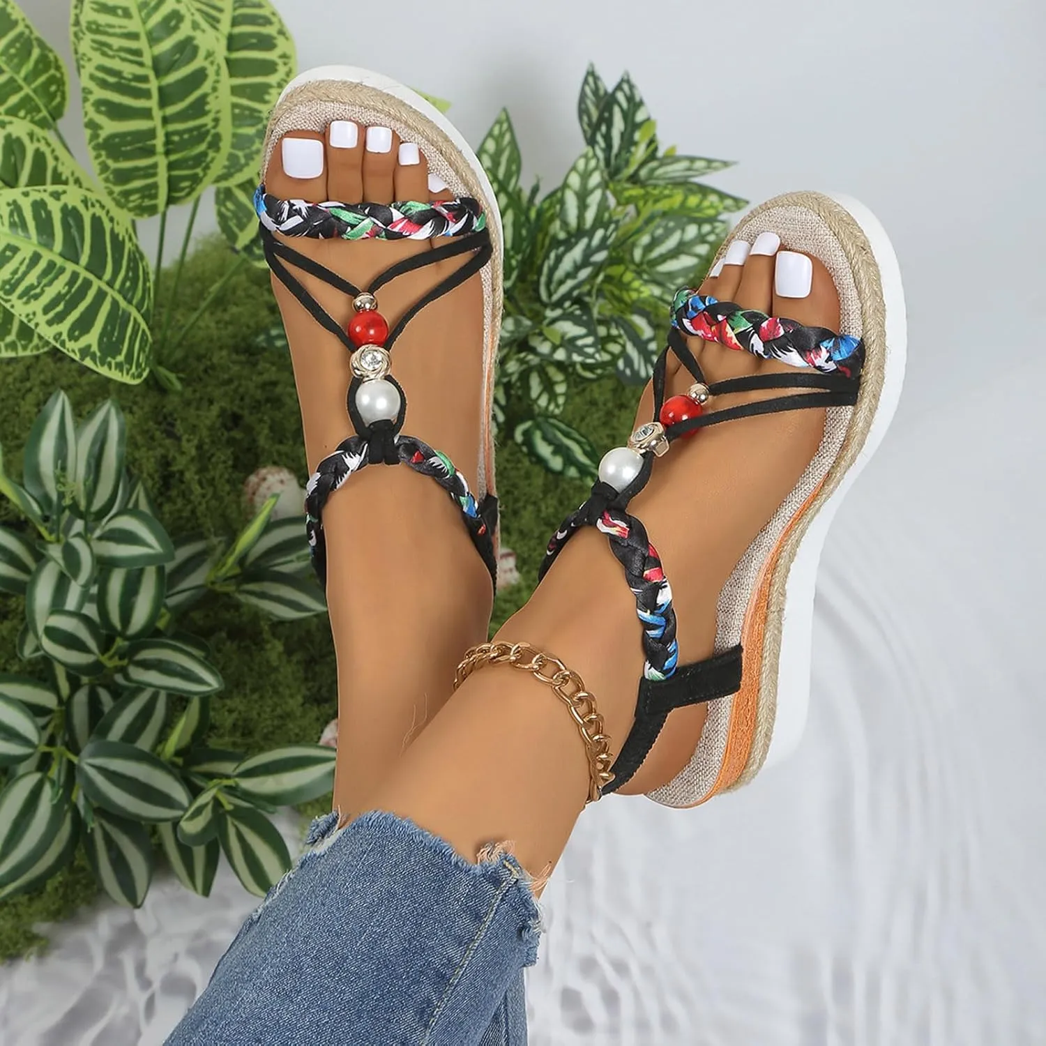 Womens Flat Sandals Dressy Summer Jeweled Bohemian Sandal Elastic Ankle Strap Espadrilles Comfort Walking Shoes