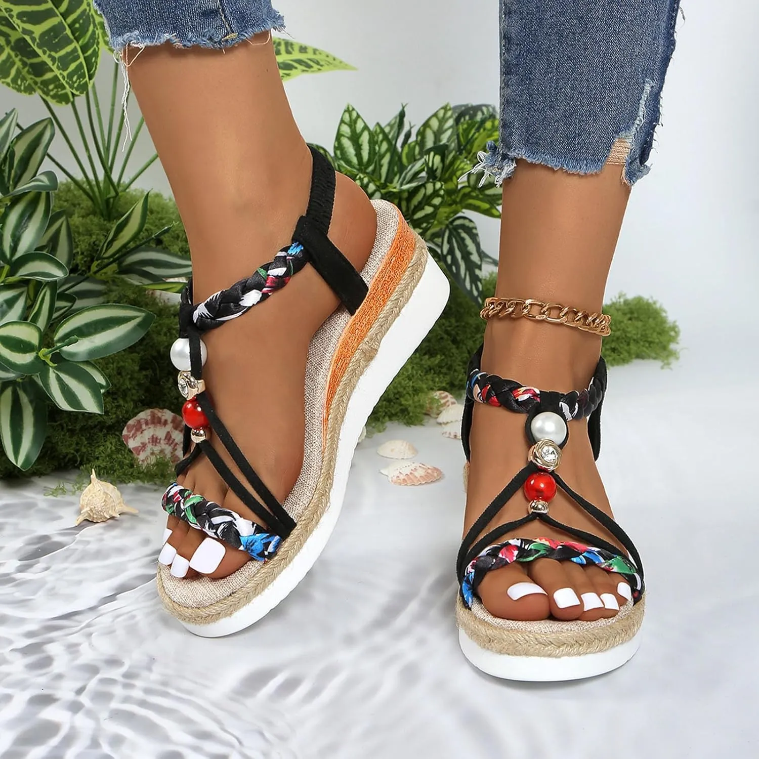 Womens Flat Sandals Dressy Summer Jeweled Bohemian Sandal Elastic Ankle Strap Espadrilles Comfort Walking Shoes