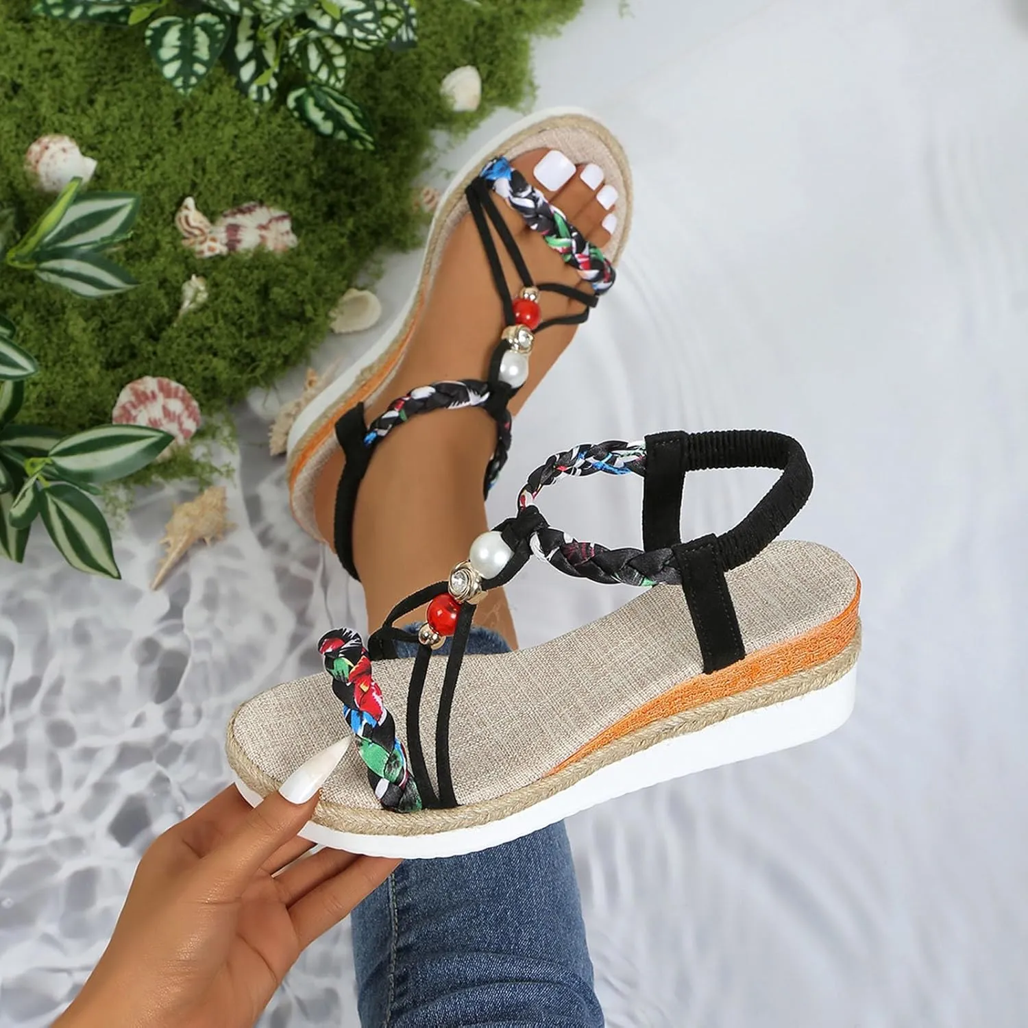 Womens Flat Sandals Dressy Summer Jeweled Bohemian Sandal Elastic Ankle Strap Espadrilles Comfort Walking Shoes